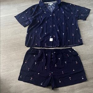 New Rae Dunn Navy Pajama Set with Wine Glass Print soft cotton blend size XL